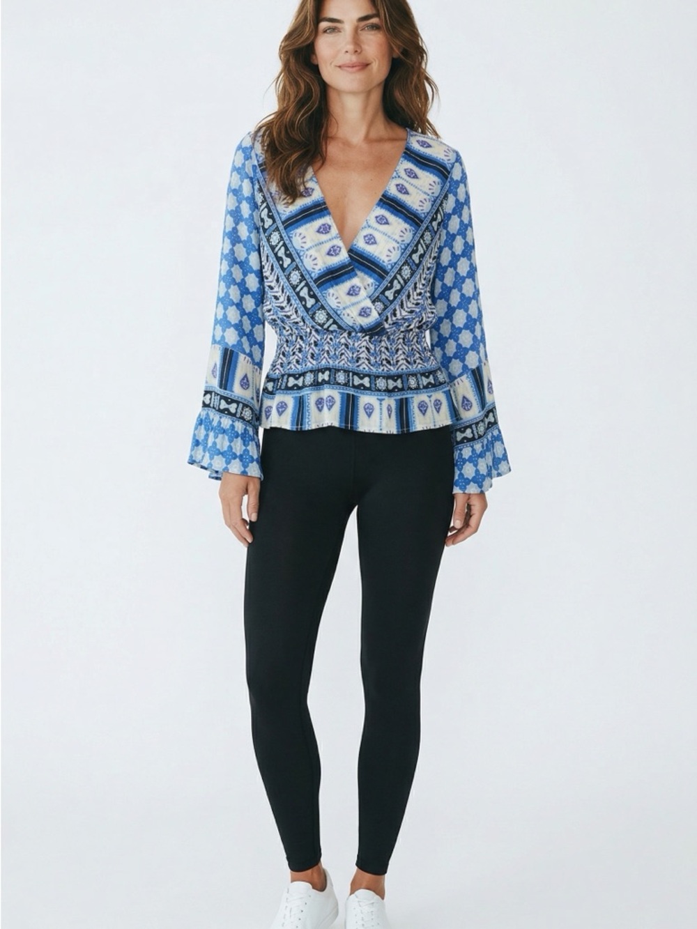 Free People - Sz XS - oversized Blue mock Wrap Peplum Top w/ trumpet sleeves - Picture 2 of 10